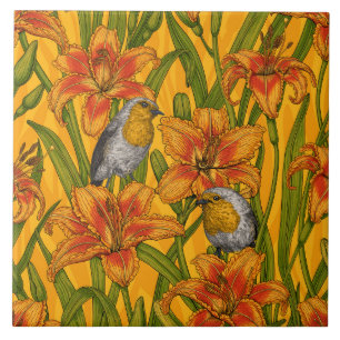 Azulejo De Cerâmica Robins e flores, cor de laranja e verde
