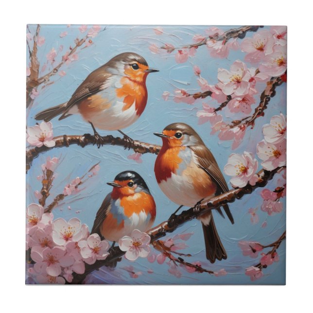 Azulejo De Cerâmica Robins e flores de cereja (Frente)