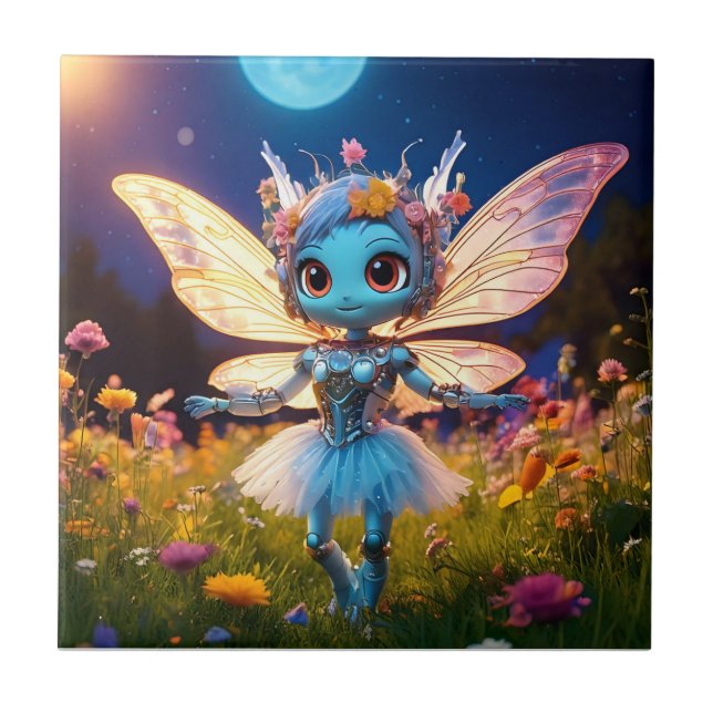 Azulejo De Cerâmica Robô Pixie Bailarina Dançando nos Flores Silvestre (Frente)