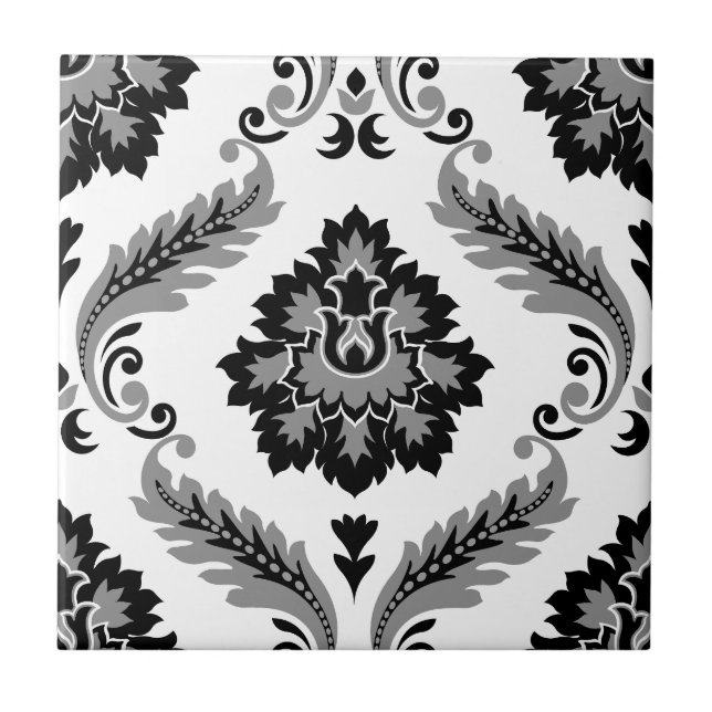 Azulejo De Cerâmica Rococo Damask Lg Pattern Grey Black White (Frente)