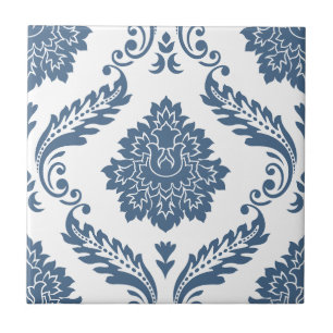 Azulejo De Cerâmica Rococo Damask Padrão Grande Azul no Branco