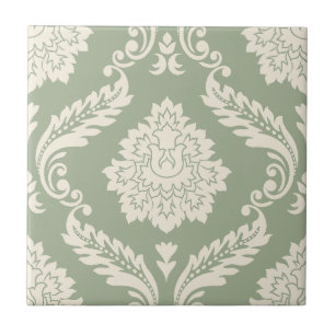 Azulejo De Cerâmica Rococo Damask Padrão Grande Creme sobre Verde