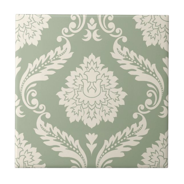 Azulejo De Cerâmica Rococo Damask Padrão Grande Creme sobre Verde (Frente)
