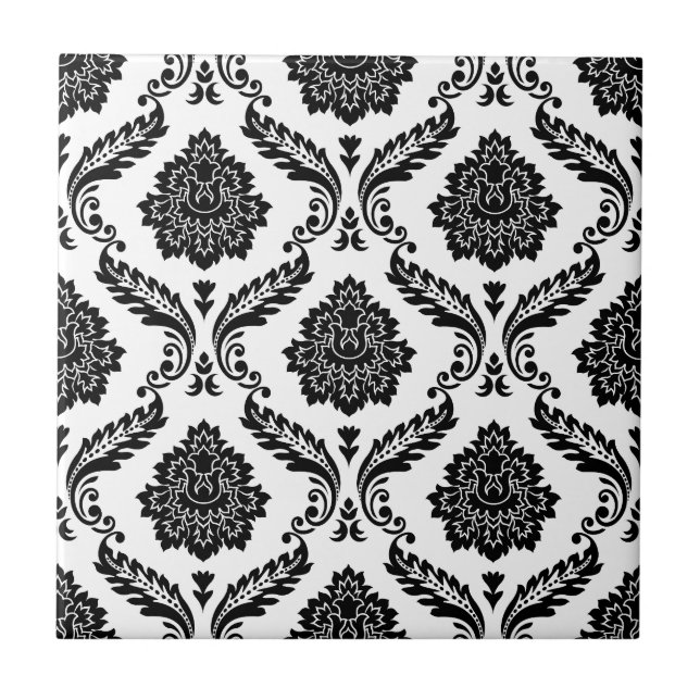 Azulejo De Cerâmica Rococo Damask Pattern Black on White (Frente)