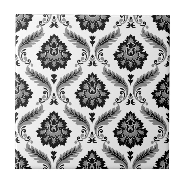 Azulejo De Cerâmica Rococo Damask Pattern Grey Black White (Frente)