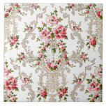 Azulejo De Cerâmica Rococo Floral Branco Elegante<br><div class="desc">Vintage elegante,  romântico e ornamentado,  estilo francês Rococo,  floral sem costura,  com rosas cor-de-rosa e escrolagem decorativa sobre fundo branco.</div>