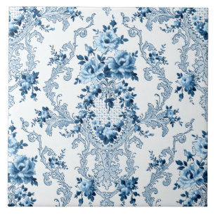 Azulejo De Cerâmica Rococo Floral francês branco e azul elegante