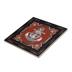 Azulejo De Cerâmica Roda/ancoragem do navio náutico, vermelho/prata