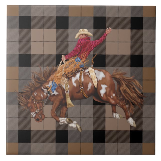 Azulejo De Cerâmica Rodeo Cowboy Bronco Comprando Na Xadrez (Frente)