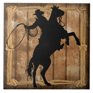 Azulejo De Cerâmica Rodeo Roping Cowboy Silhouette
