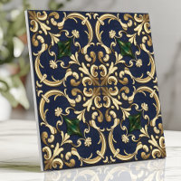 Rolo Damasko da Rainha Esther Azul Naval Dourado