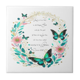 Azulejo De Cerâmica Romanos 8:28 Flores e borboletas