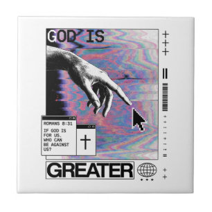 Azulejo De Cerâmica Romanos 8:31 Mão de Deus Cyberpunk Glitch Art