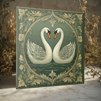 Azulejo De Cerâmica Romantic White Swan Couple Art Deco Pond Green Sea