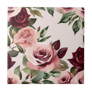 Azulejo De Cerâmica Romântica Blooms Rosas de Aquarela Borgonha