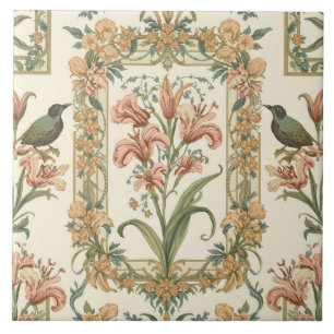 Azulejo De Cerâmica Romântico Vintage Lírio Pássaro Arte Nova Botânica