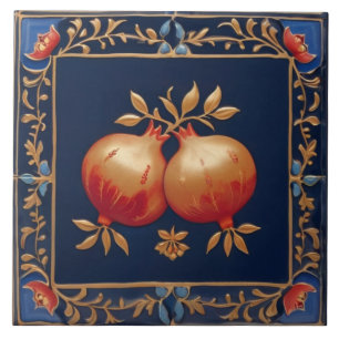 Azulejo De Cerâmica Romãs Azuis e Douradas Rosa Vermelho Romã