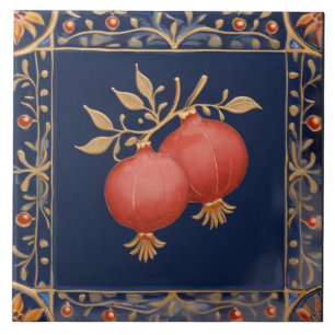 Azulejo De Cerâmica Romãs Rosa Vermelho Azul & Dourado