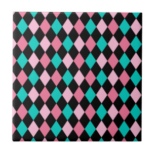 Azulejo De Cerâmica Rombos Arco-íris Pastel Preto Rosa Azul Harlequim