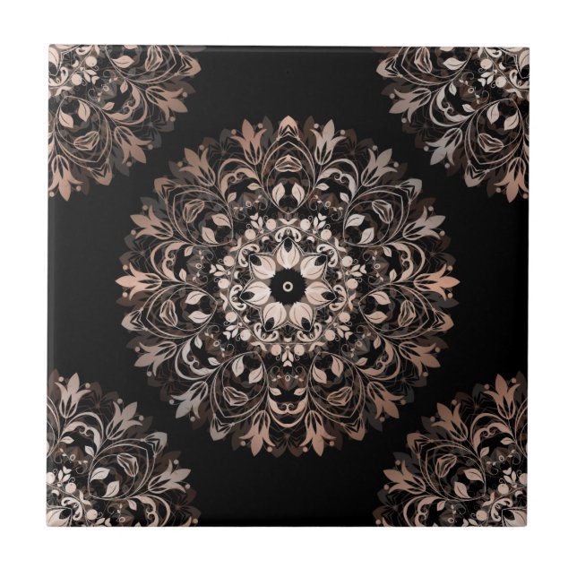 Azulejo De Cerâmica Rosa Black Floral Mandala (Frente)
