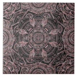 Azulejo De Cerâmica Rosa Boho Cinza Dourada Mandala Design