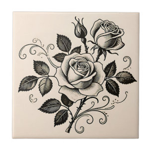 Azulejo De Cerâmica Rosa Botânica Clássica Preta Vintage em Flor