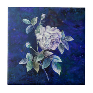Azulejo De Cerâmica Rosa Branca em Fundo Azul-Marinho Texturizado