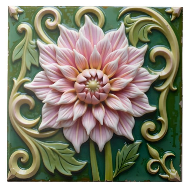 Azulejo De Cerâmica Rosa Dahlia em Verde (Frente)