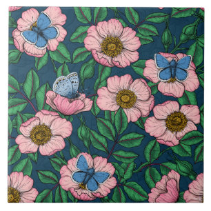Azulejo De Cerâmica Rosa de cães e borboletas
