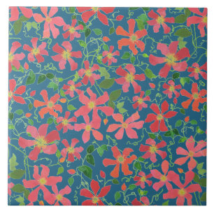 Azulejo De Cerâmica Rosa do Clematis, vermelho, floral alaranjado no