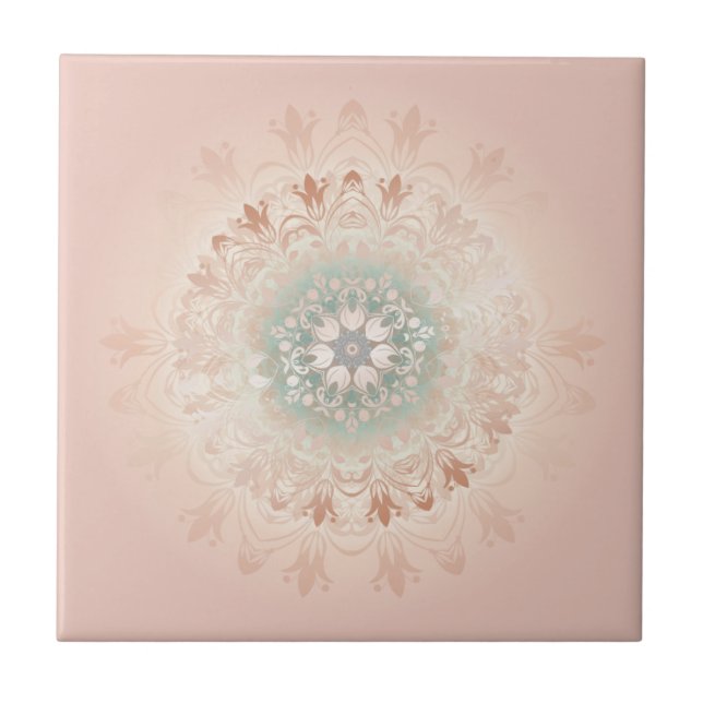 Azulejo De Cerâmica Rosa Dourado Blush Floral Mandala (Frente)