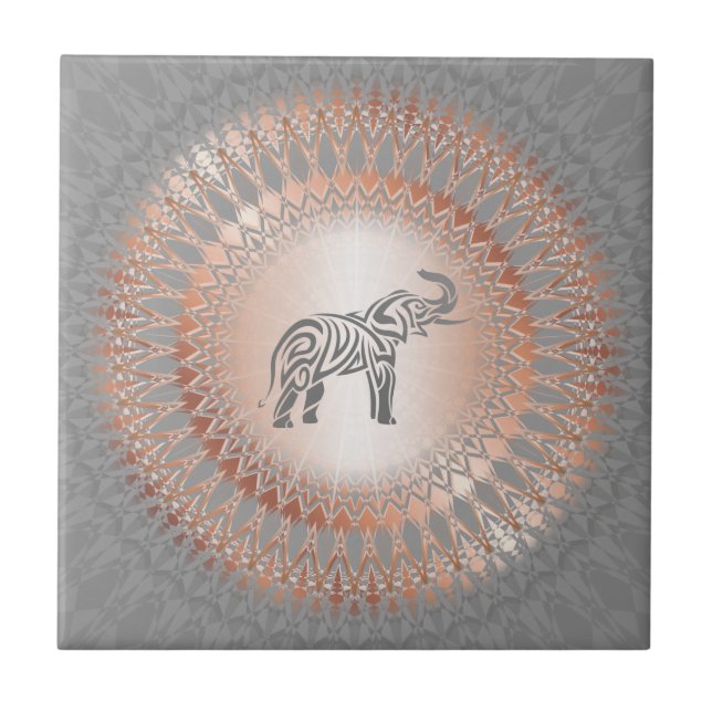 Azulejo De Cerâmica Rosa Dourado Cinza Elefante Mandala (Frente)