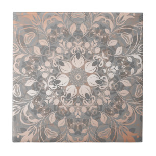 Azulejo De Cerâmica Rosa Dourado Cinza Floral Mandala