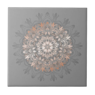 Azulejo De Cerâmica Rosa Dourado Cinza Floral Mandala