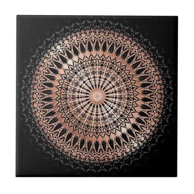 Azulejo De Cerâmica Rosa Dourado Mandala Preto (Frente)