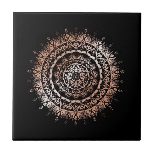 Azulejo De Cerâmica Rosa Dourado Preto Floral Mandala (Frente)