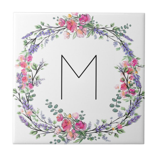 Azulejo De Cerâmica Rosa e Eucalyptus, cor-de-rosa lavanda (Frente)