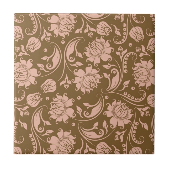 Azulejo De Cerâmica Rosa e teste padrão floral de Brown (Frente)