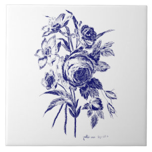 Azulejo De Cerâmica Rosa Floral Bouquet Arte Botânica Azul e Branco