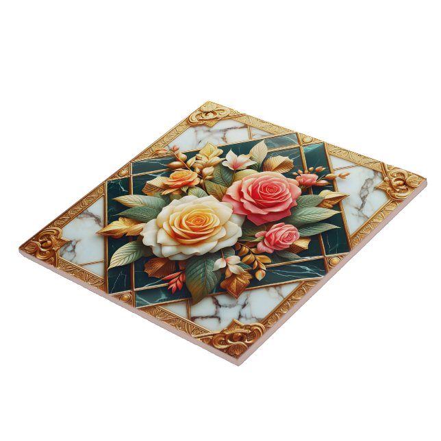 Azulejo De Cerâmica Rosa Floral Design com Acentos Dourados (Lateral)