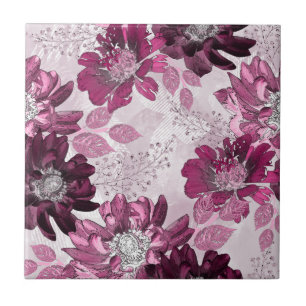 Azulejo De Cerâmica Rosa, flores bordô no rosa empoeirado