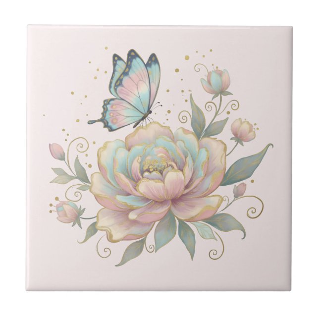 Azulejo De Cerâmica Rosa Mágica e Borboleta Cores Pastel (Frente)