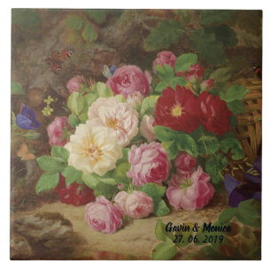 Azulejo De Cerâmica Rosa no chão da floresta com borboletas