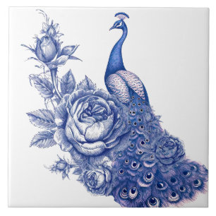 Azulejo De Cerâmica Rosa Pavão Azul Branco