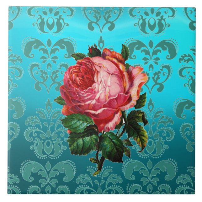 Azulejo De Cerâmica ROSA PINK EM DAMASCO AZUL TEAL Floral (Frente)