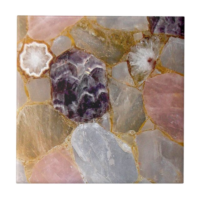 Azulejo De Cerâmica Rosa Quartz, Ametist, White Geode, Gemstone Impres (Frente)