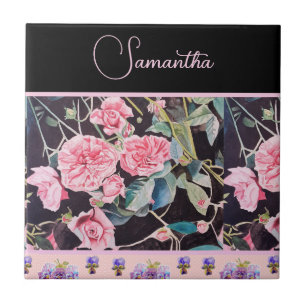Azulejo De Cerâmica Rosa Rosa Roxa Aquarela Vintage Personalizável
