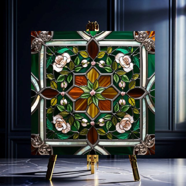 Azulejo De Cerâmica Rosa verde e âmbar Mandella StainGlass (Criador carregado)