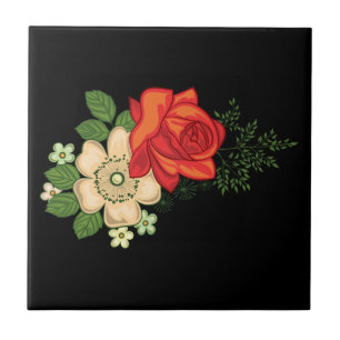 Azulejo De Cerâmica Rosa Vermelha e Margaridas Fundo Preto
