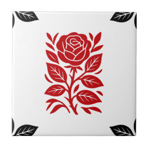 Azulejo De Cerâmica Rosa Vermelha e Preta Floral Moderno Minimalista G